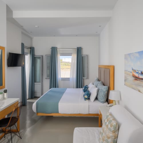 a room with a bed desk and a mirror
