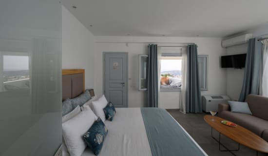 a room with a bed and couches