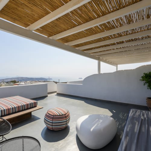 a room with a couch and a table with a plant on it