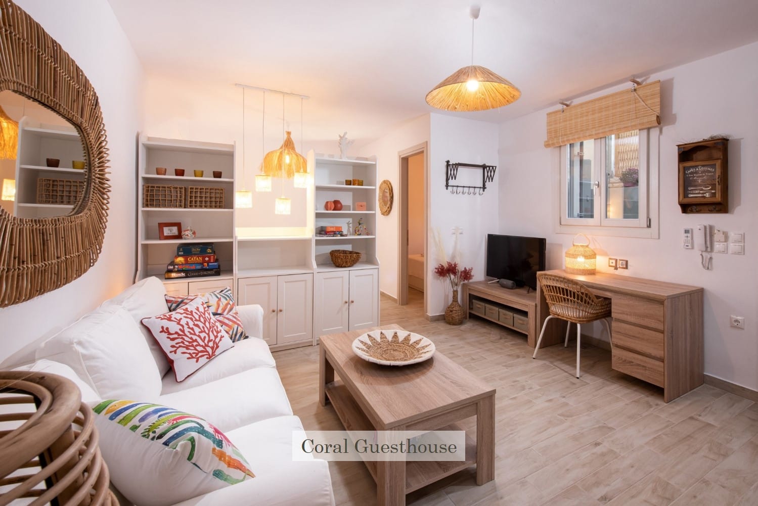 a living room with a couch and a table