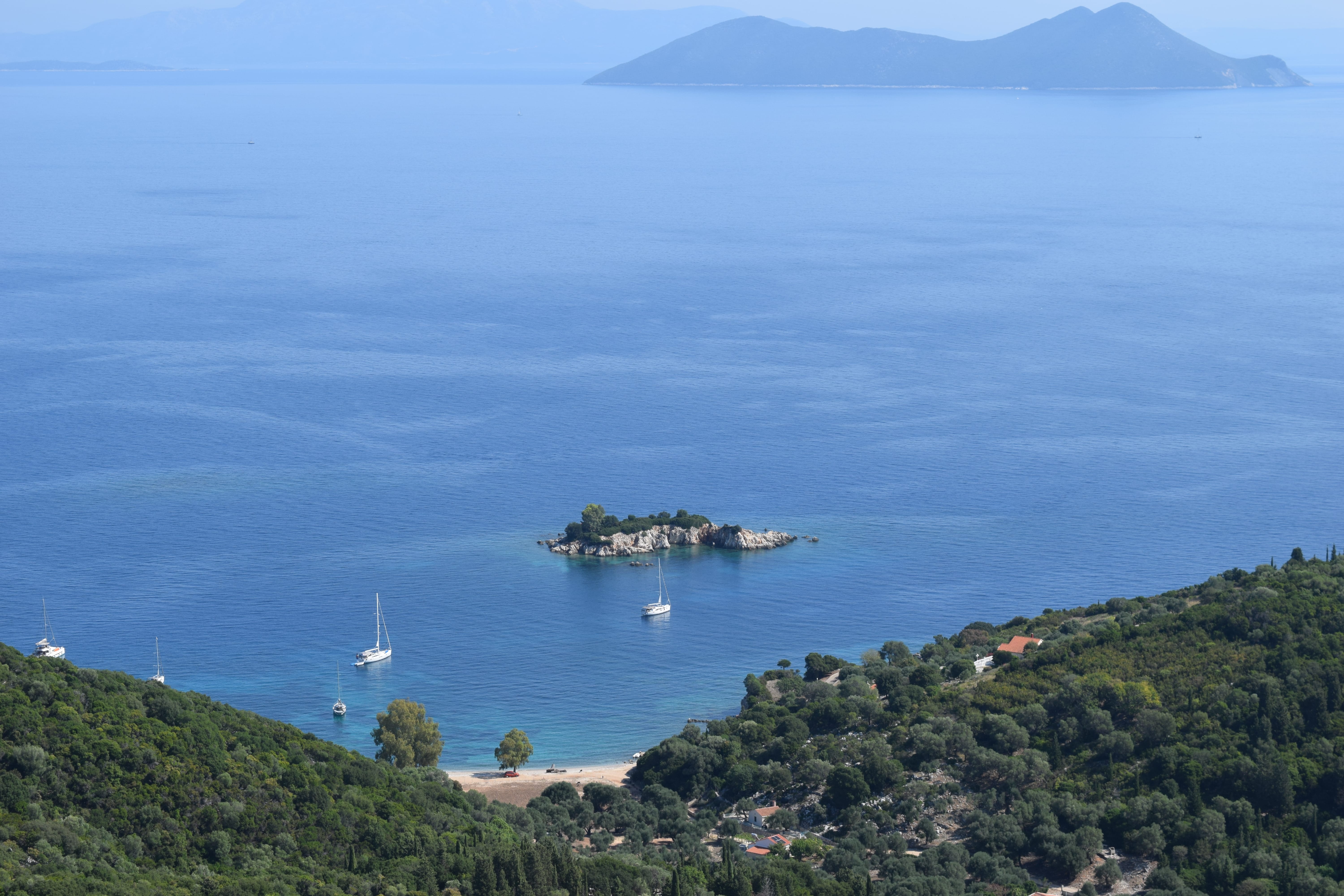 a small island with boats