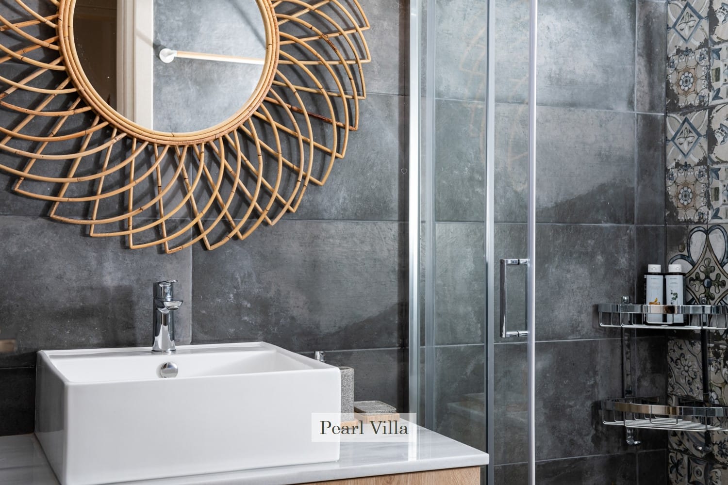 a bathroom with a large mirror