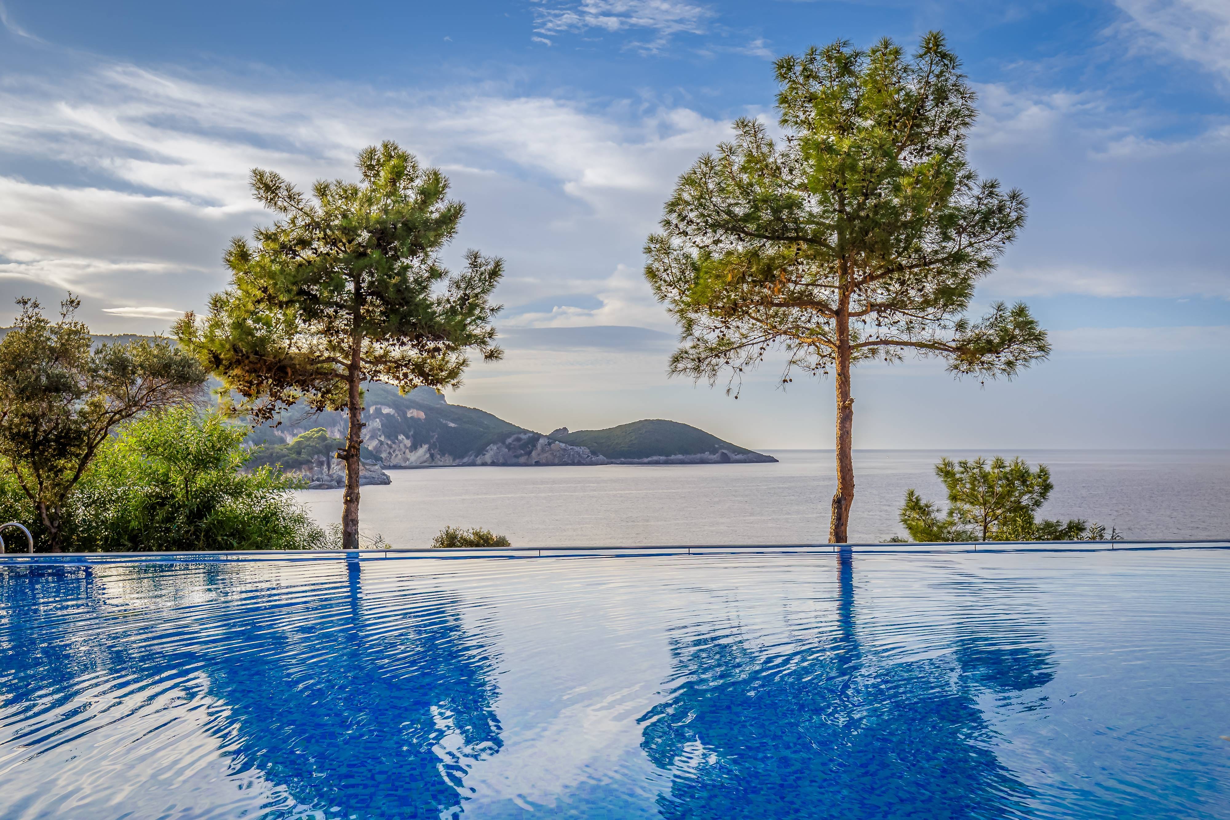 a pool with trees and a hill in the background