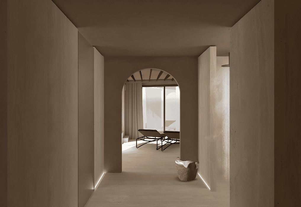 a hallway with a bench