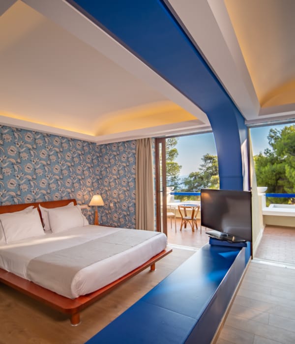 a bedroom with a large pool