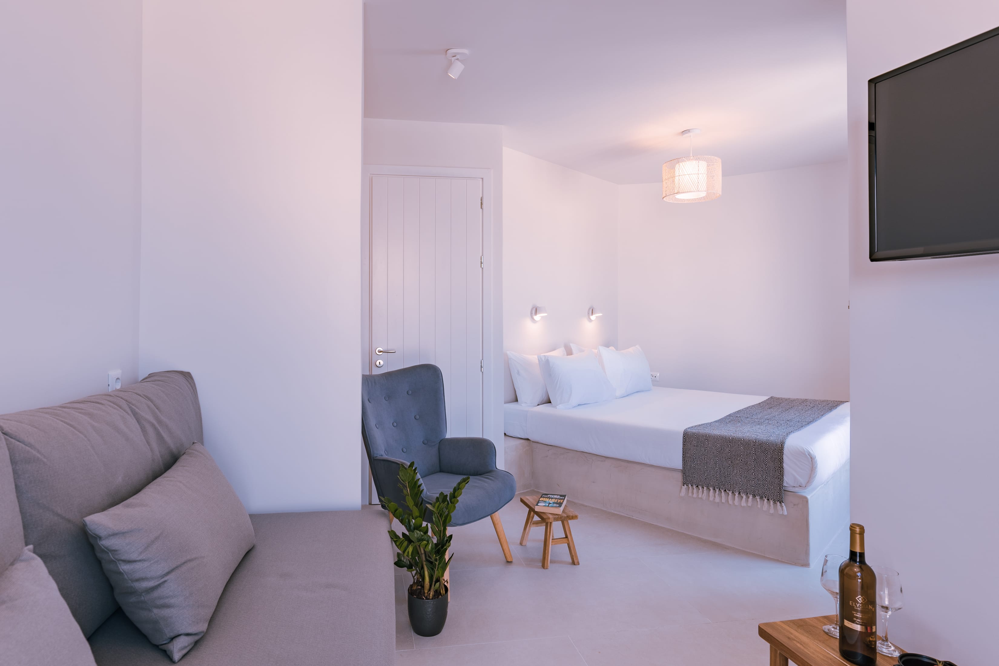 a living room with a couch and a table