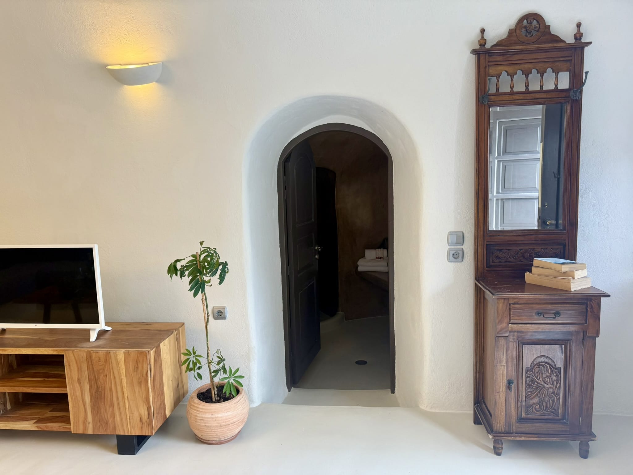 a room with a desk and a plant in it