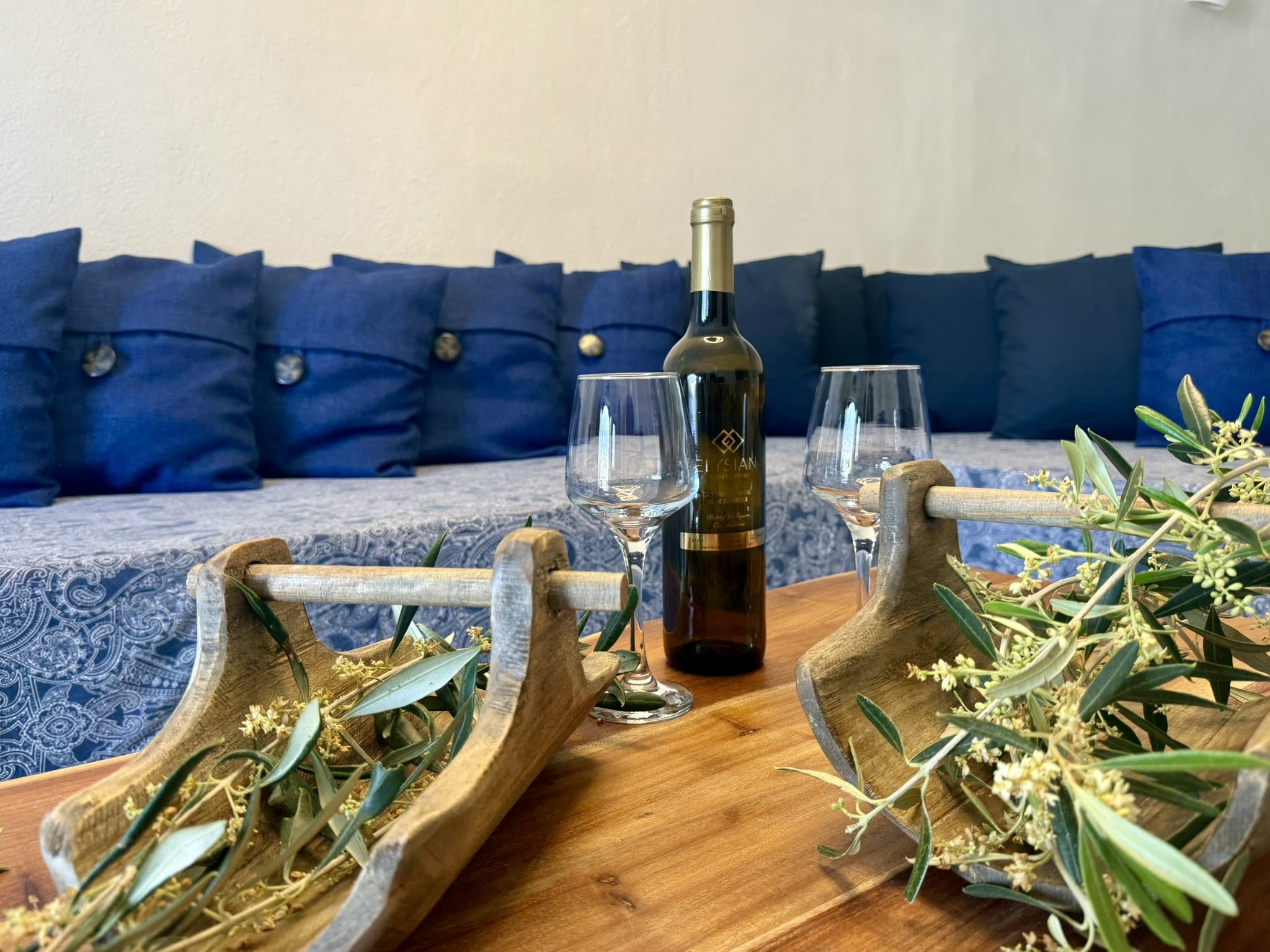 a table with glasses and bottles on it