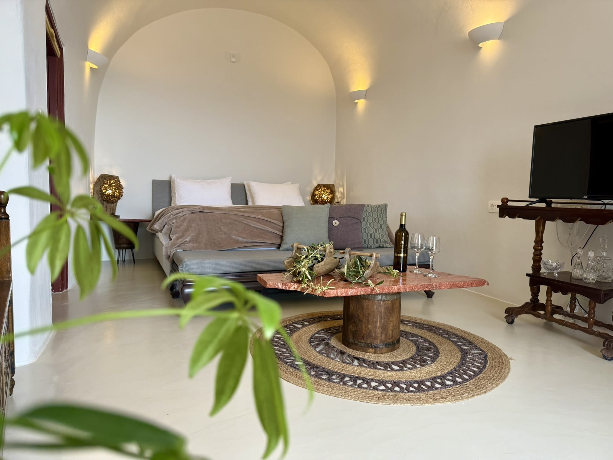 a room with a couch and a table with plants