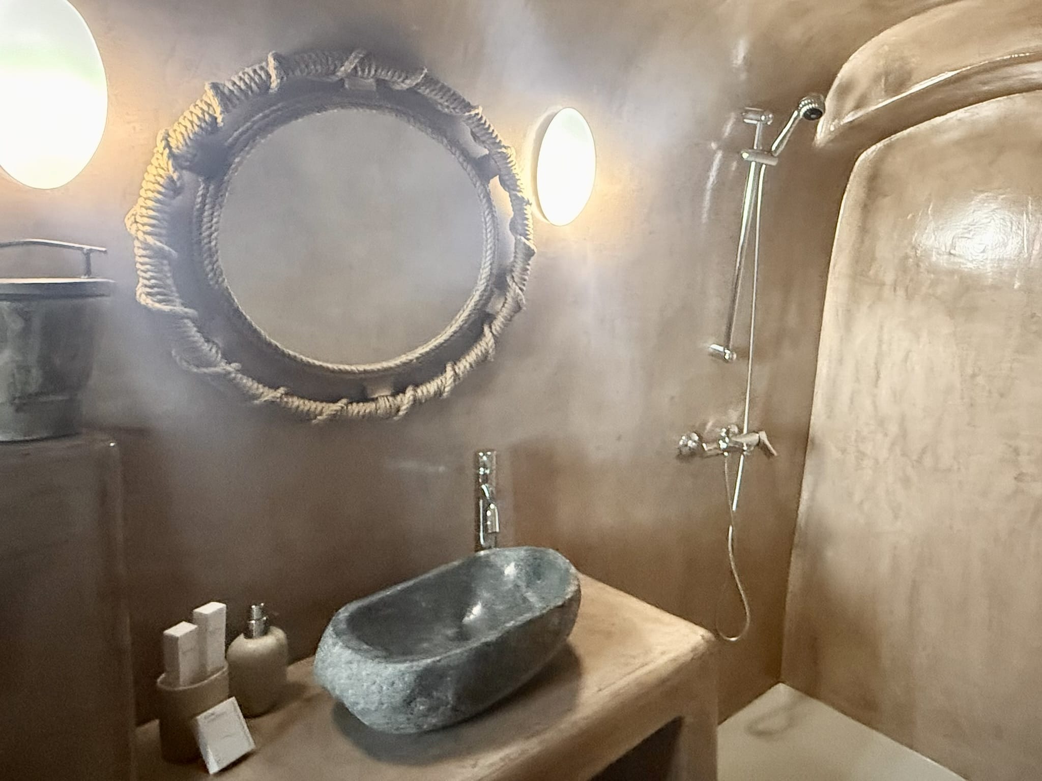 a bathroom with a large mirror