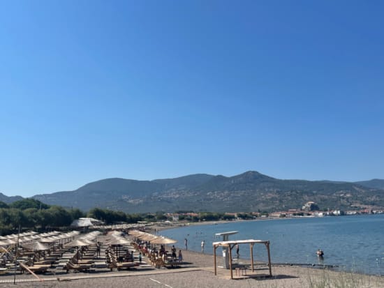 a dock with a body of water and a hill in the background