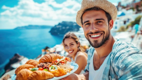 a man and woman holding a plate of food