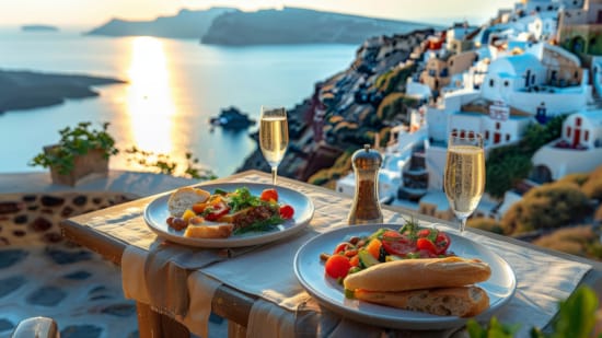 a table with food and drinks on it by a body of water