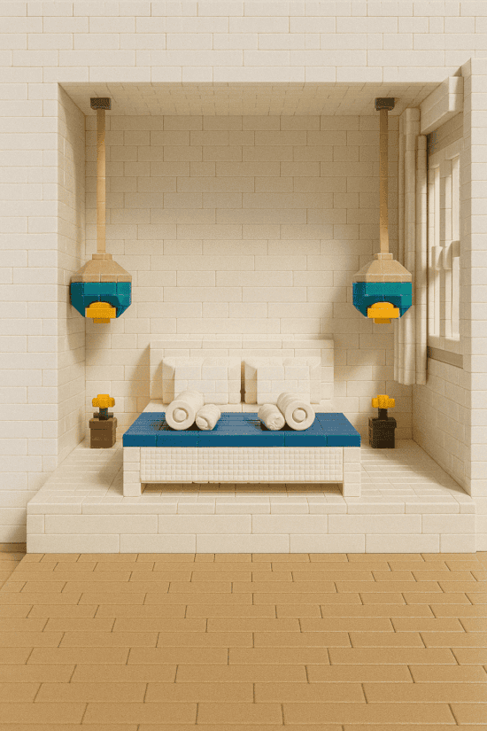 a white brick wall with a blue and white object on it