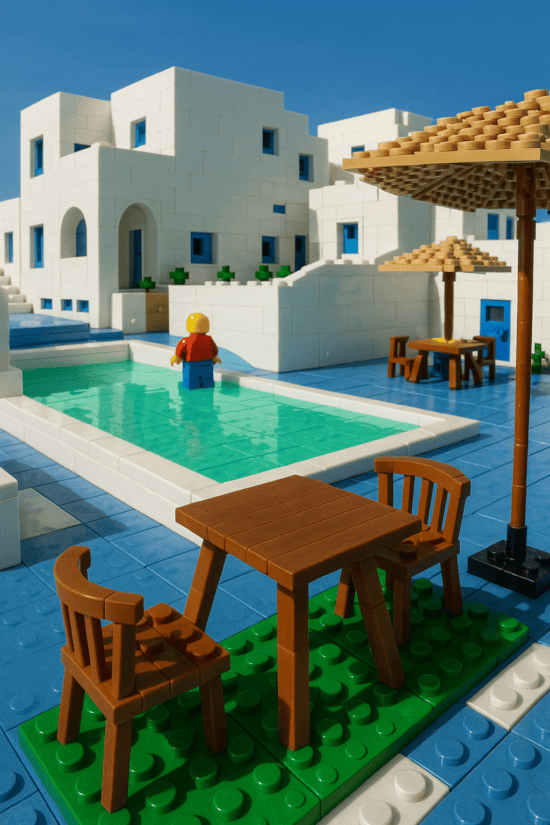 a pool with chairs and tables