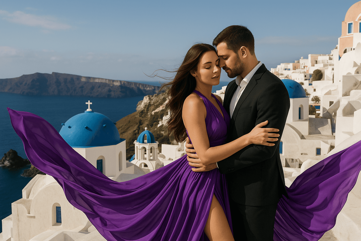 a man and woman posing for a picture in front of a city