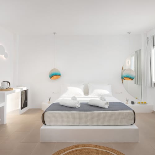 a room with a bed and a mirror