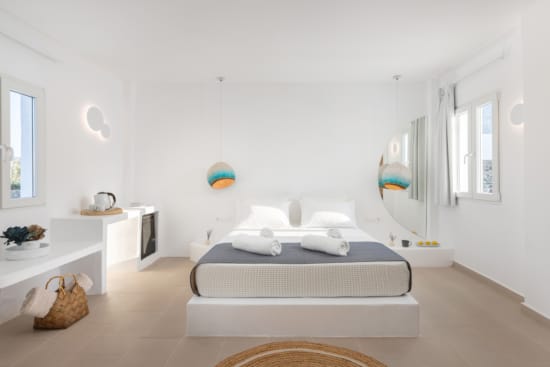 a room with a bed and a mirror