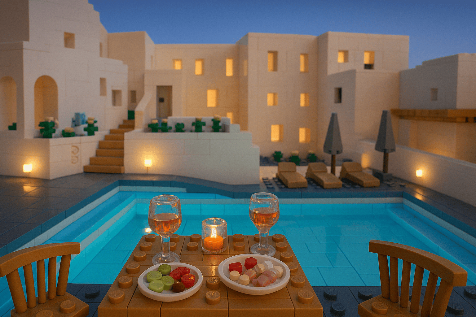 a table with food and drinks on it in front of a building