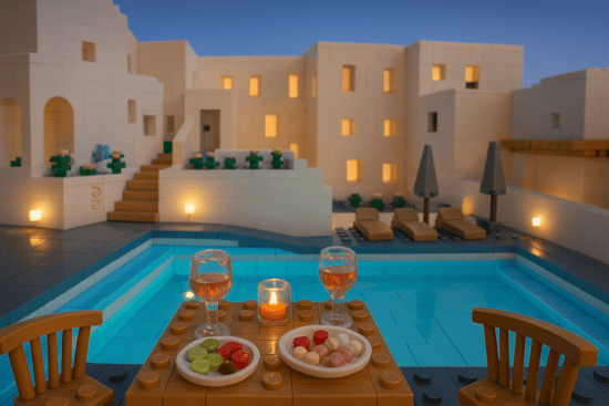 a table with food and drinks on it in front of a building