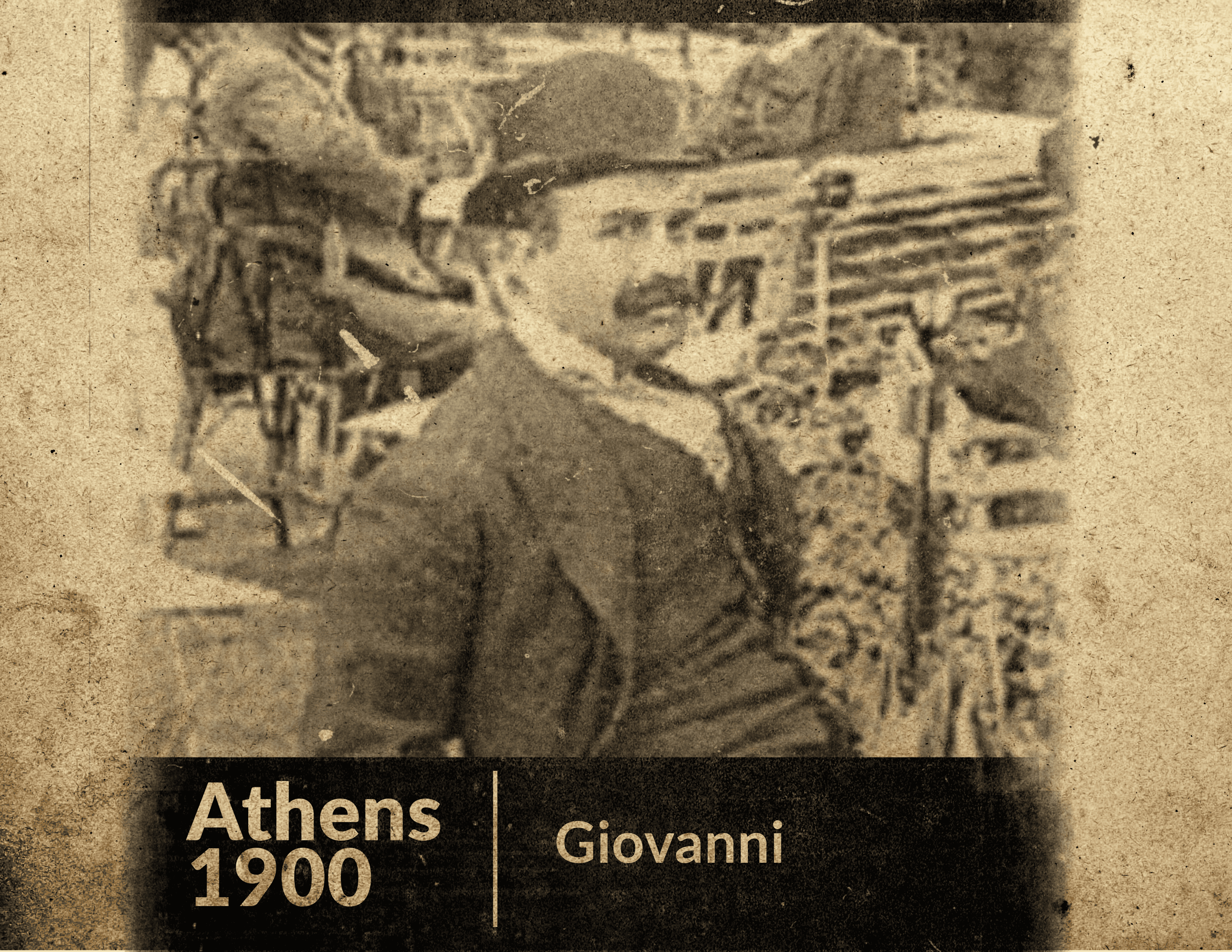 Historic sepia photograph of Giovanni, a central figure in the love story of Kyria Boutique House, sitting at a cafe in old Athens, circa 1900, with the text "Athens 1900 … Giovanni” visible, capturing the essence of romantic Athens in the early 20th century.