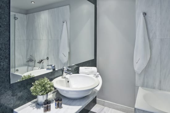 a bathroom with a large mirror