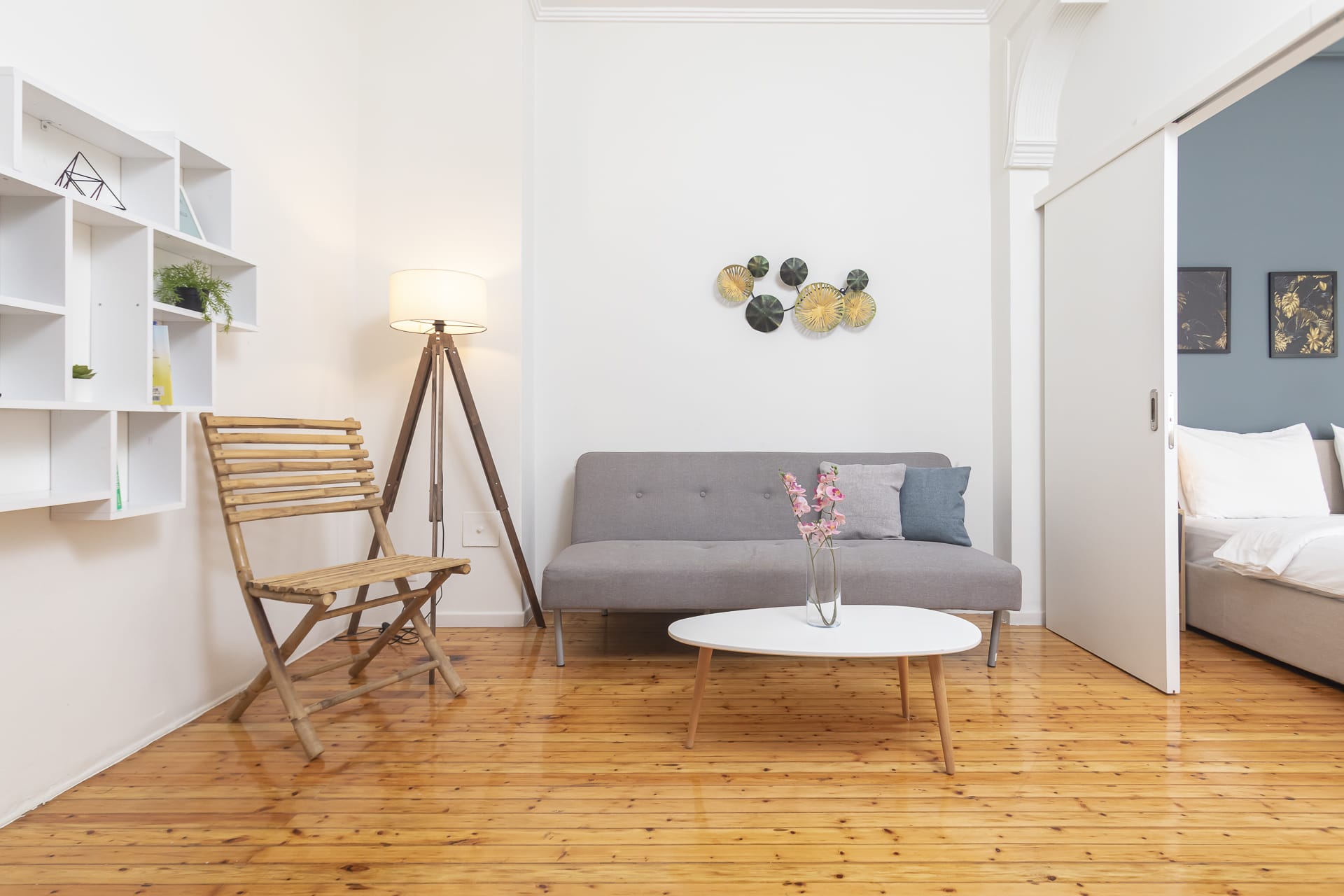 a living room with a couch and a table