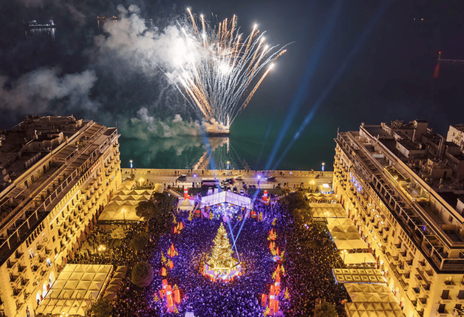 fireworks going off over a city