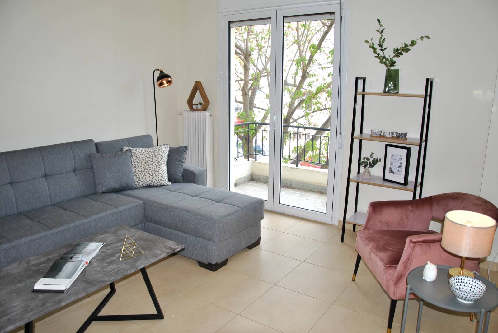 a living room with a couch and a coffee table