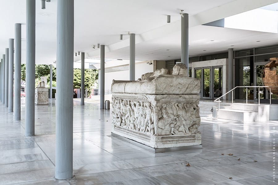 a stone sculpture in a building