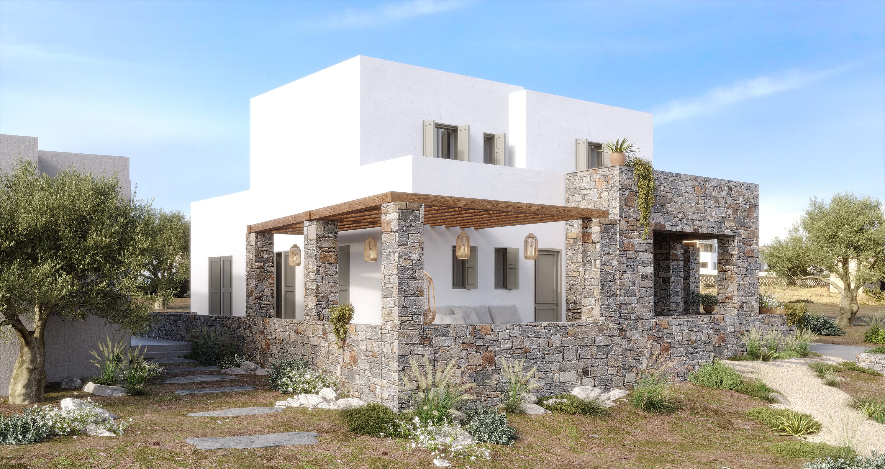 a white house with a large front yard