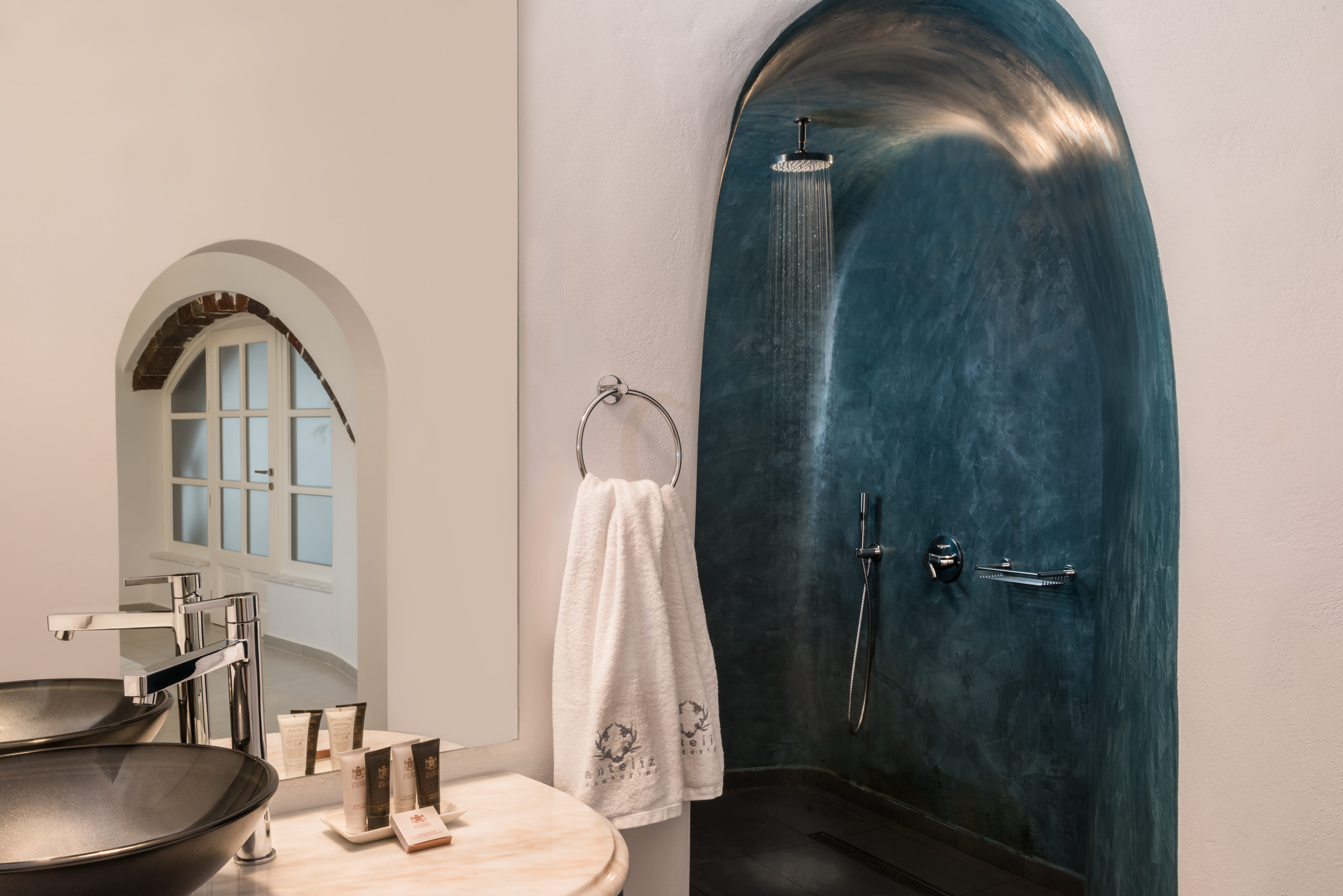 Anteliz Private Villa exterior with Cycladic Captain House architecture and caldera views, Fira Santorini