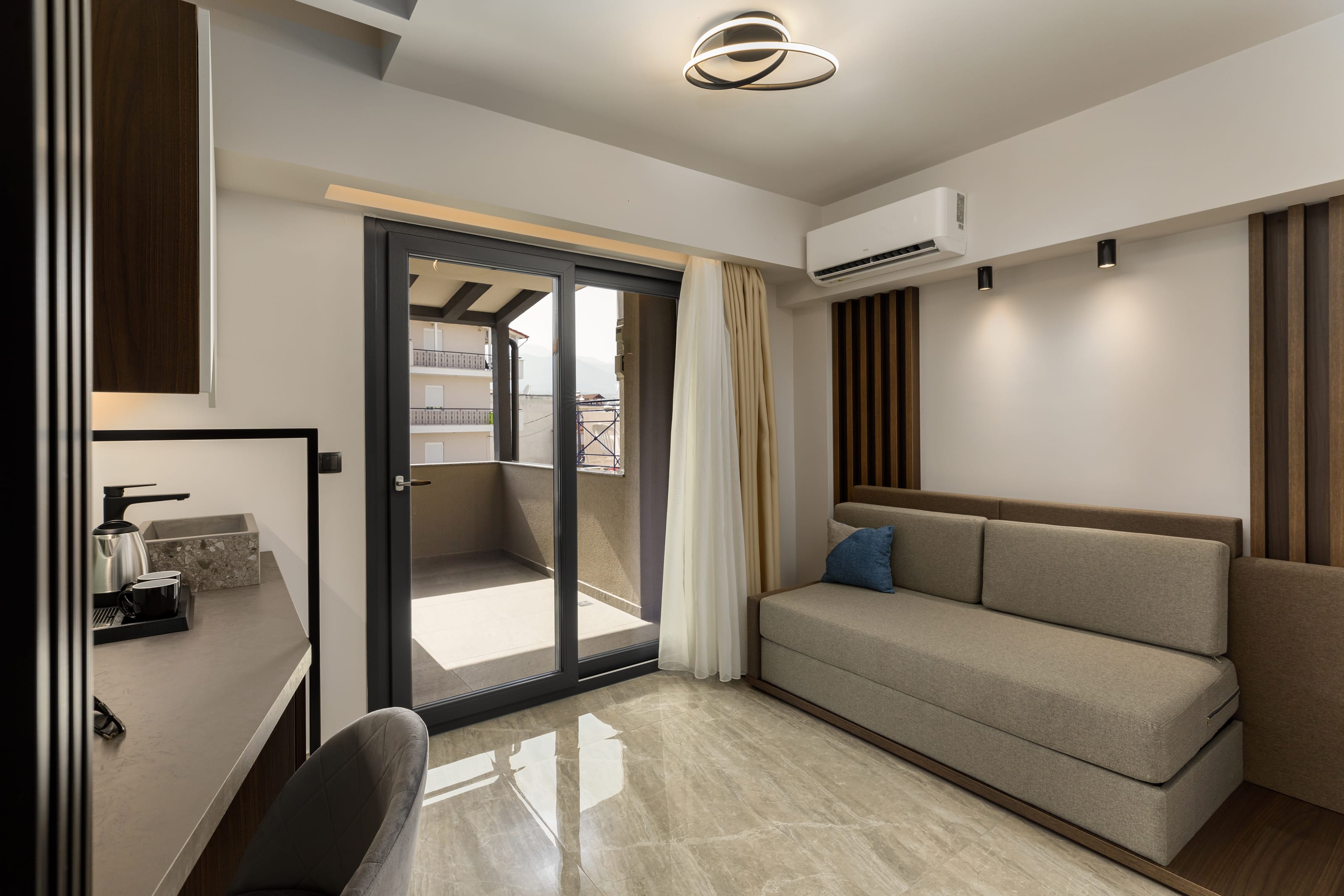 a living room with a couch and a table