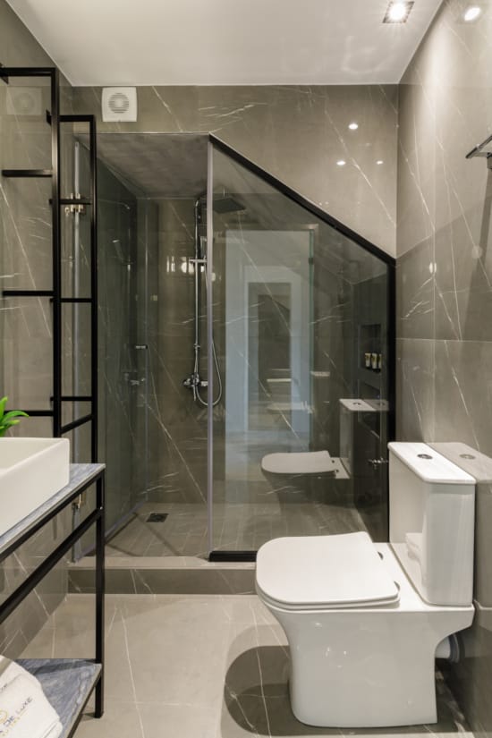a bathroom with a glass shower