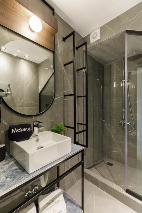 a bathroom with a glass shower