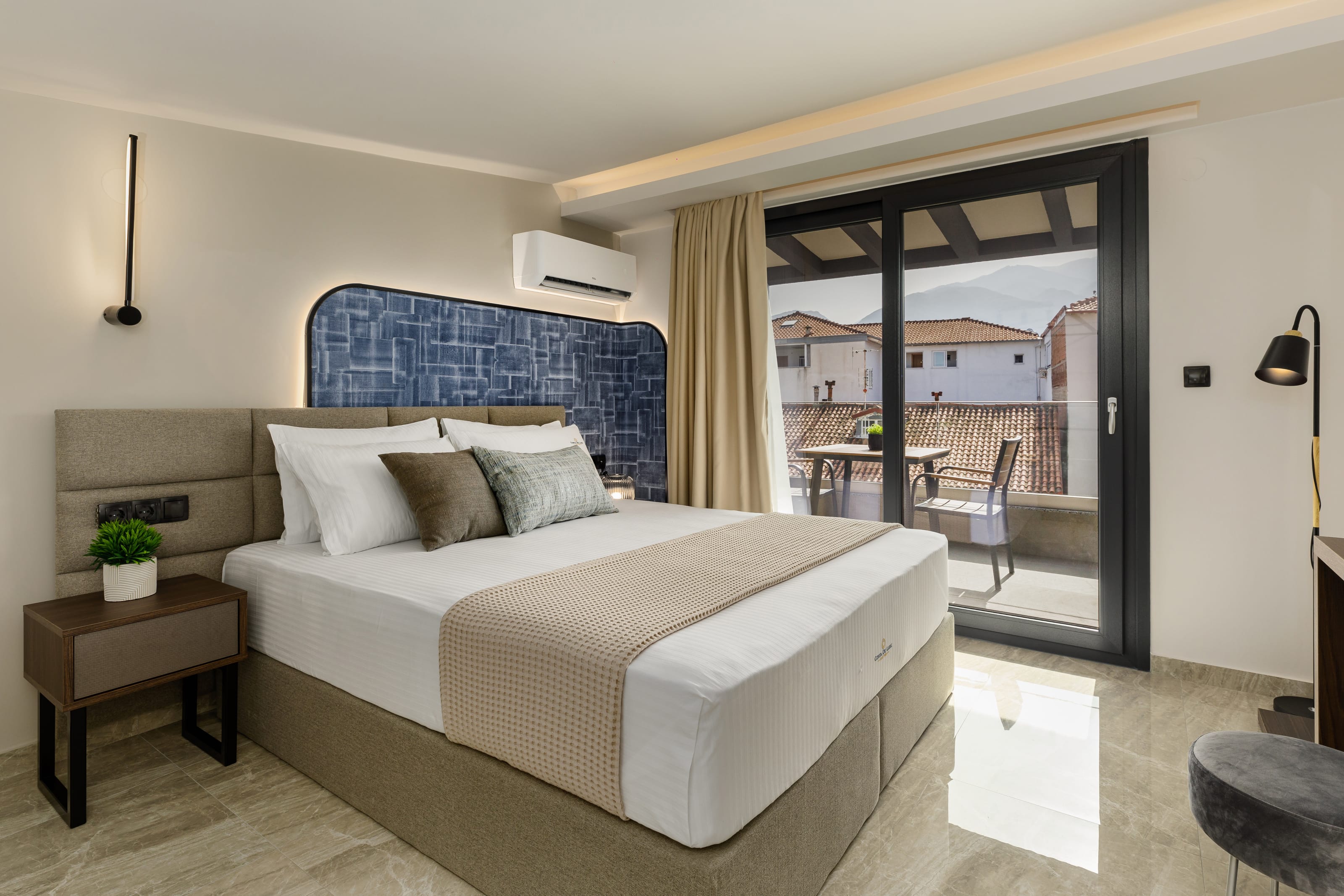 a living room with a large glass door