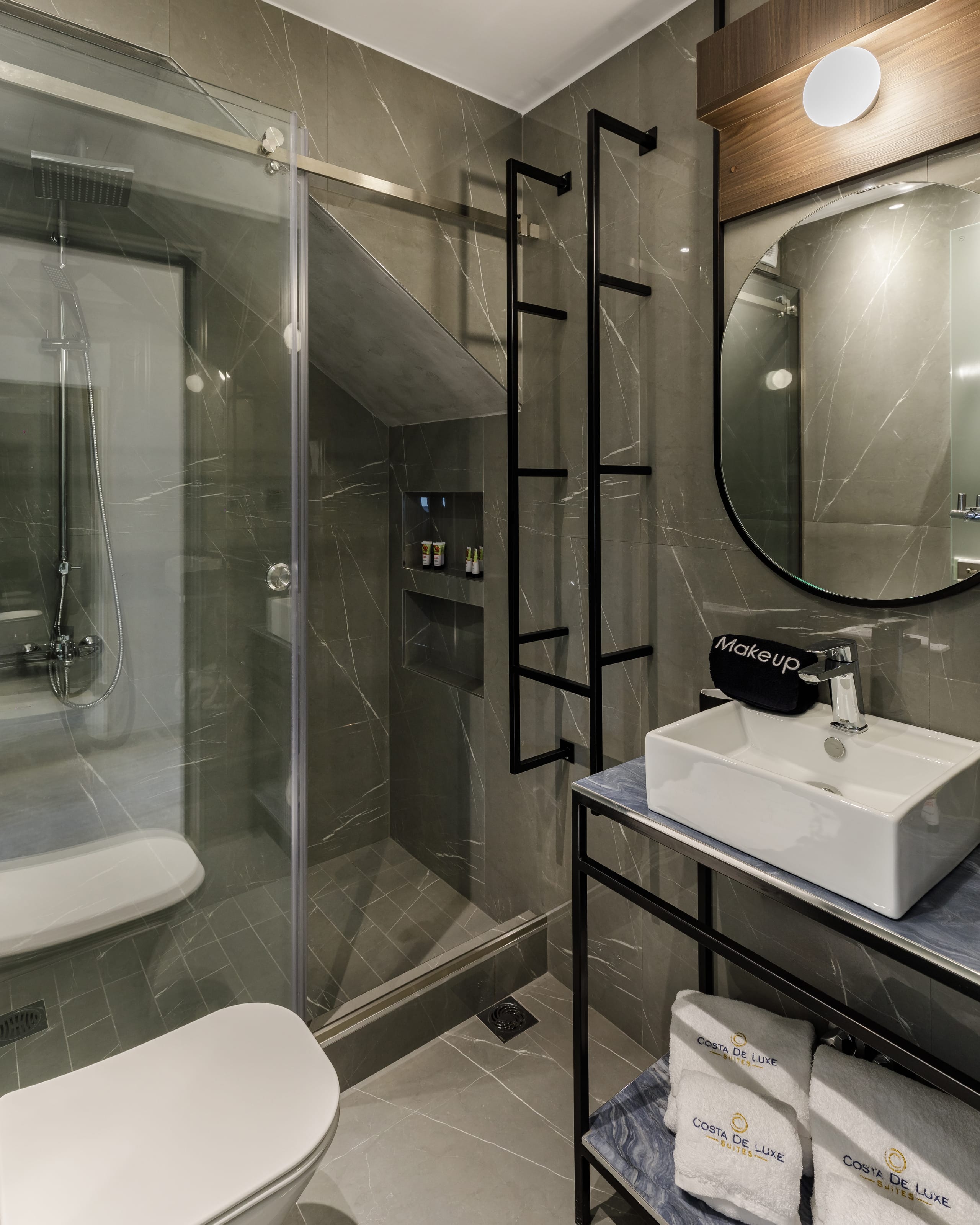 a bathroom with a glass shower