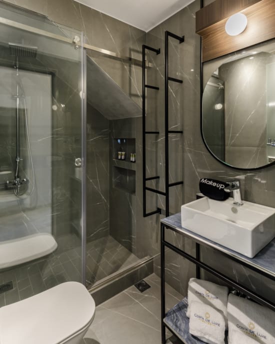 a bathroom with a glass shower