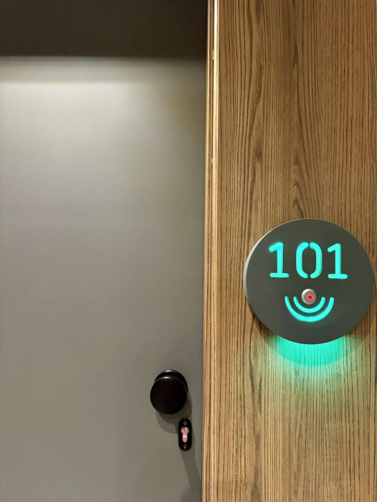 a door with a green light