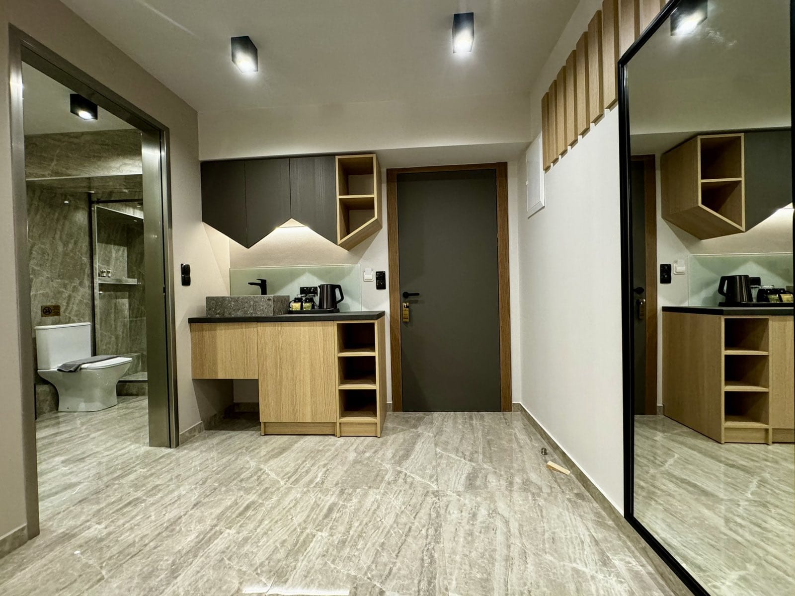 a room with a large glass door