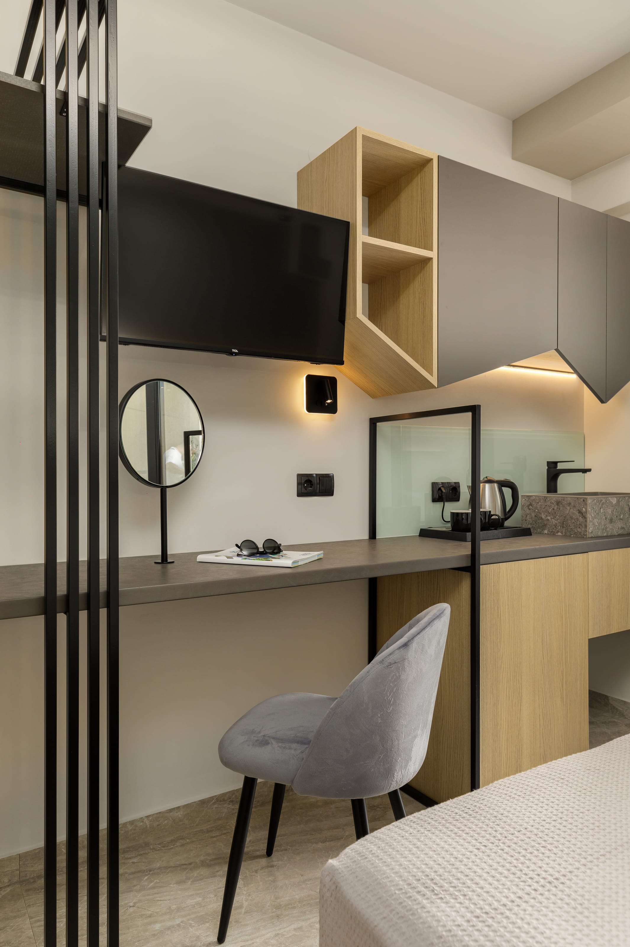 a room with a tv and a table