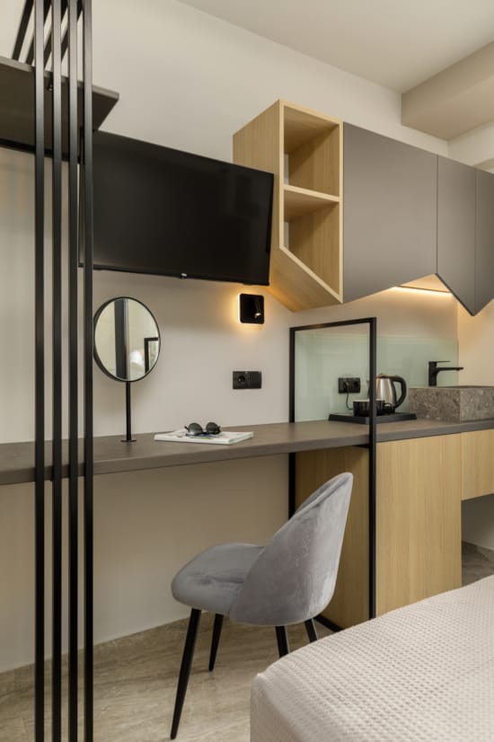 a room with a tv and a table