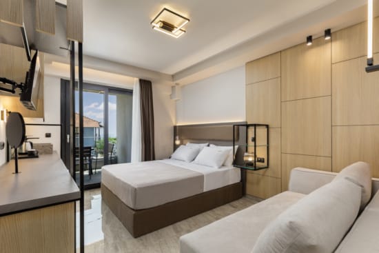 a room with a bed and a tv