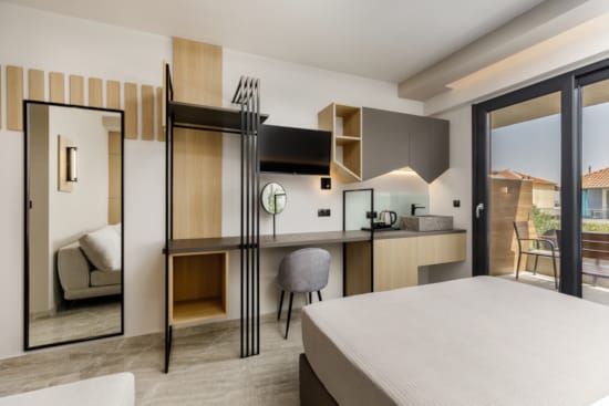 a room with a table and chairs