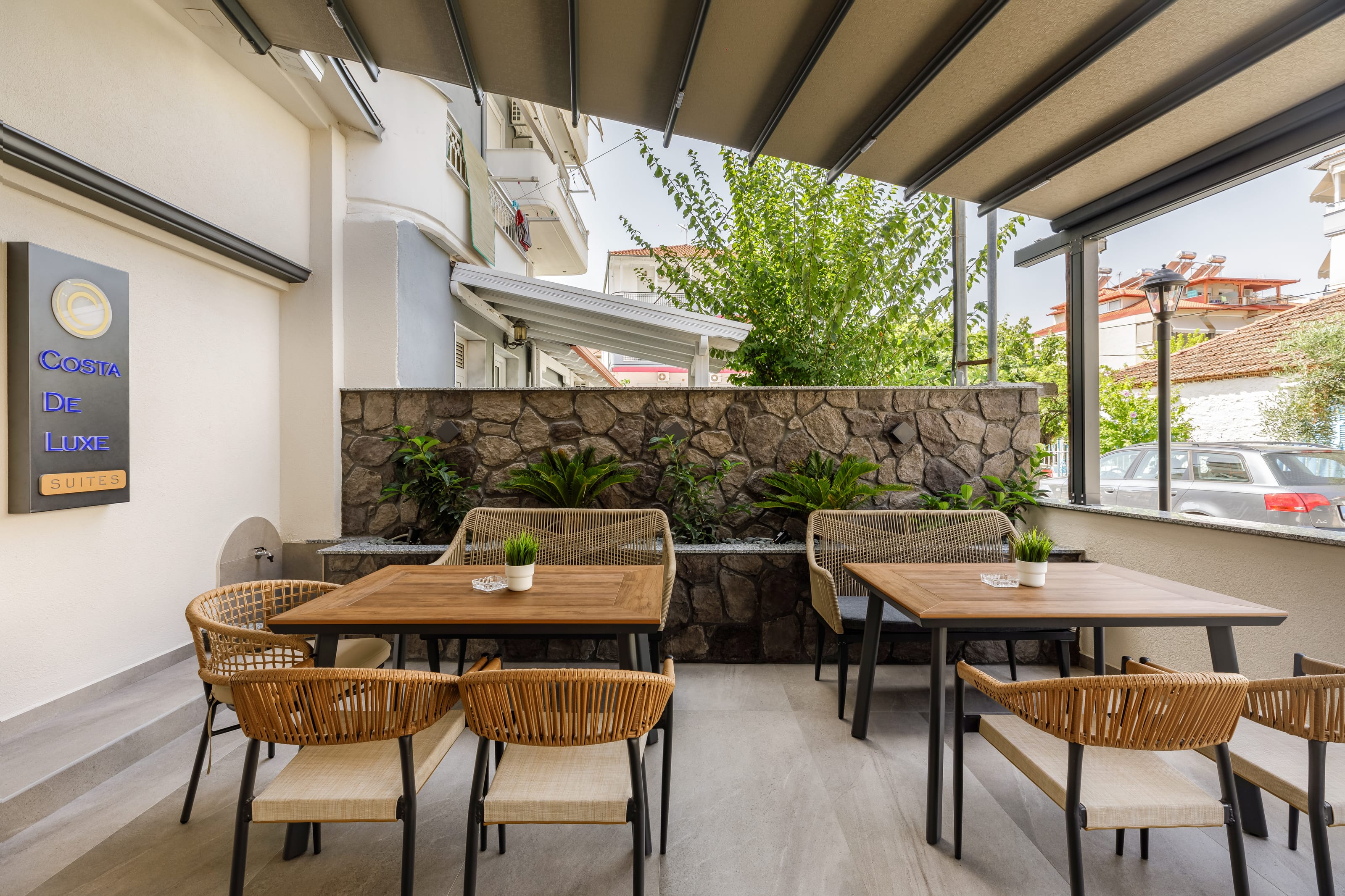 a room with tables and chairs
