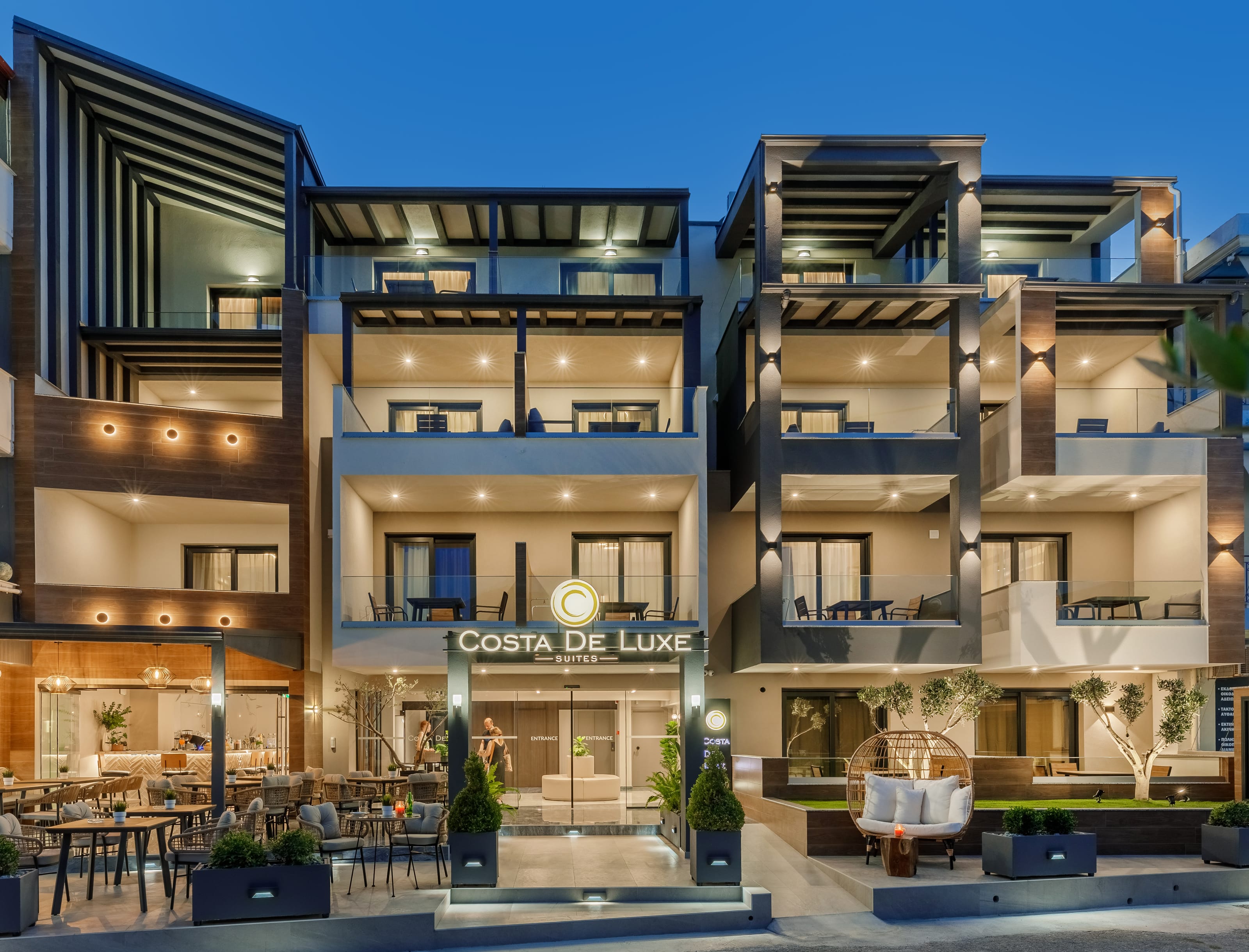 a building with a pool in front