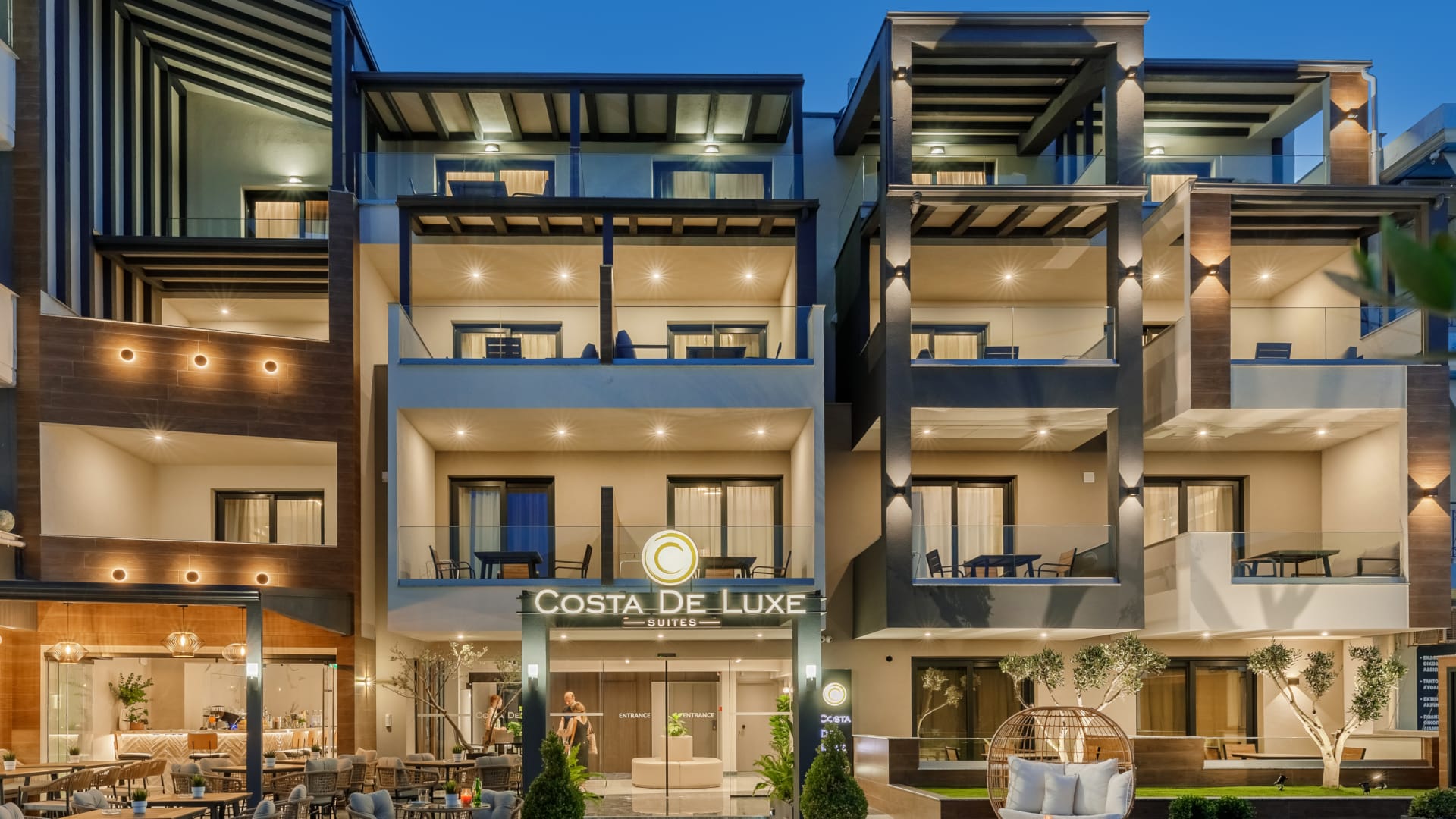 a building with a pool in front