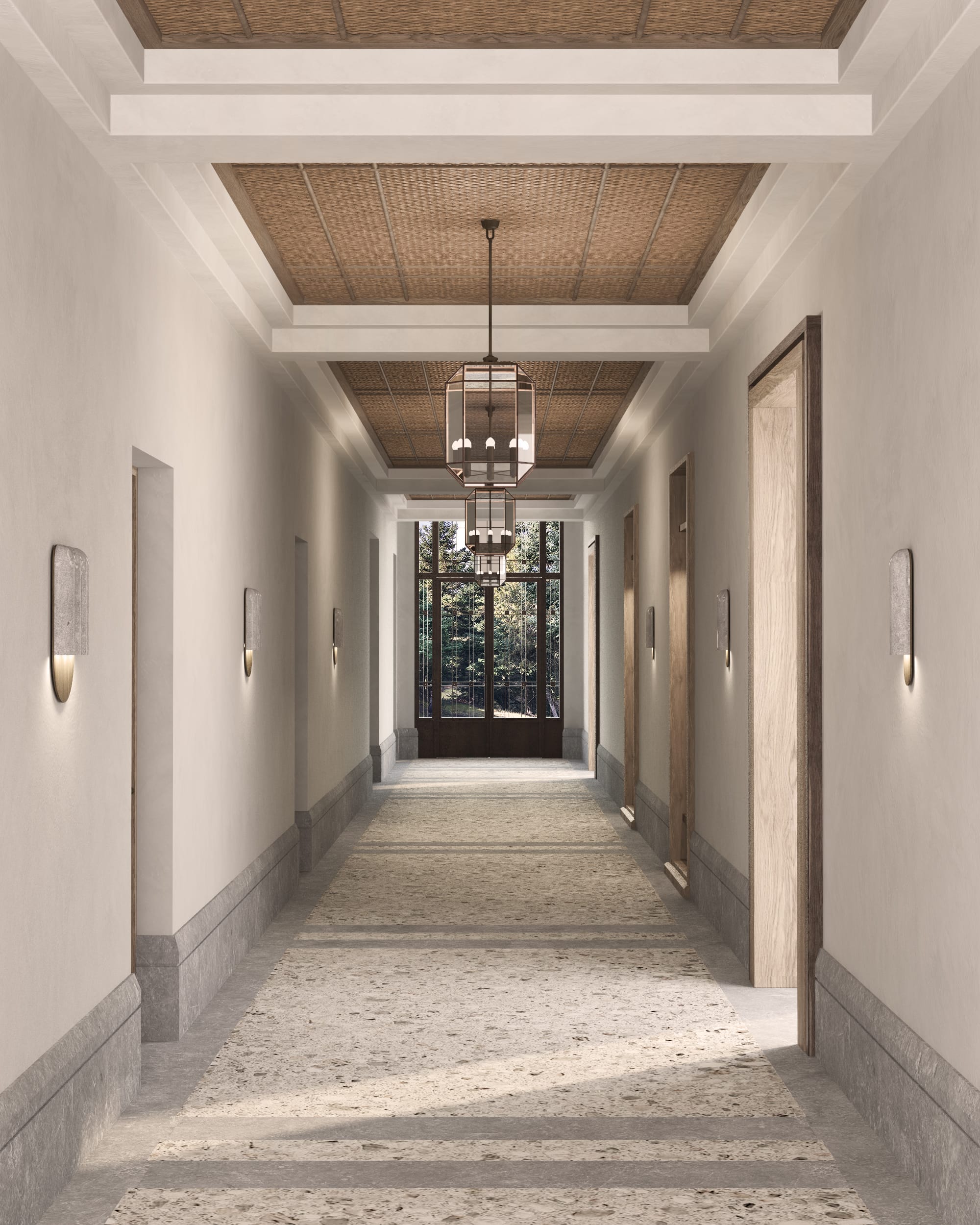 a hallway with a light from the ceiling