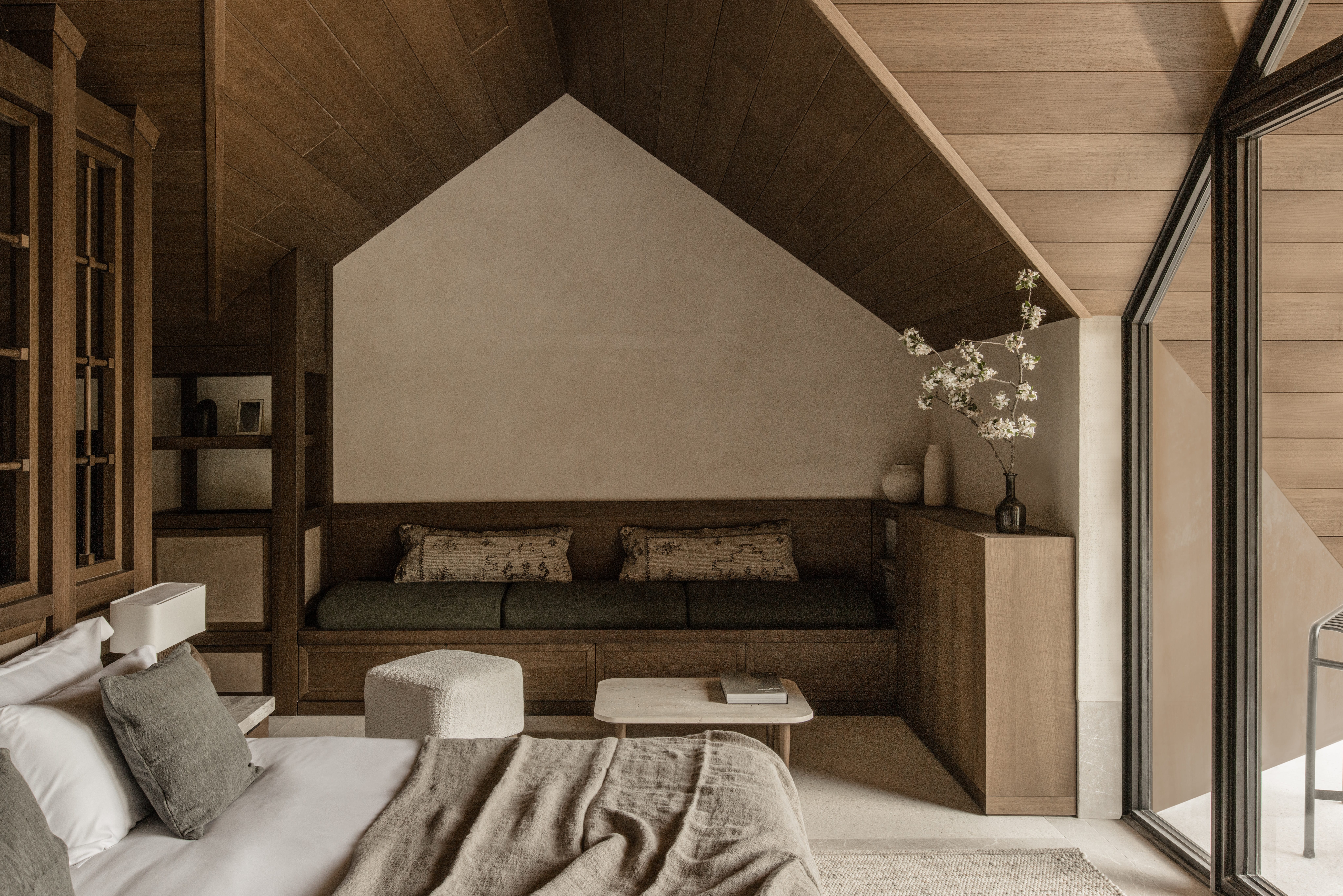 a room with a couch and a table