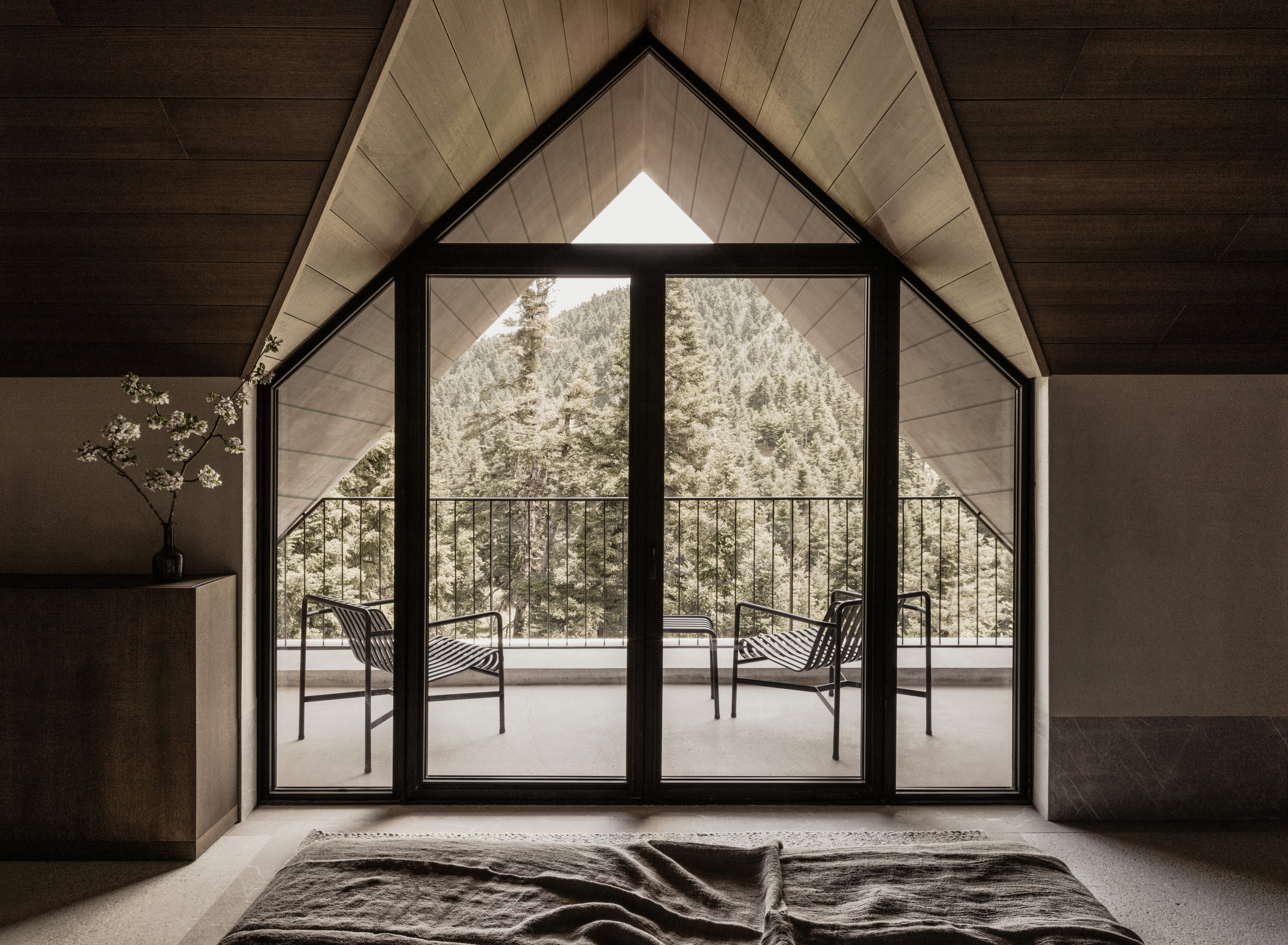 a room with a large glass door